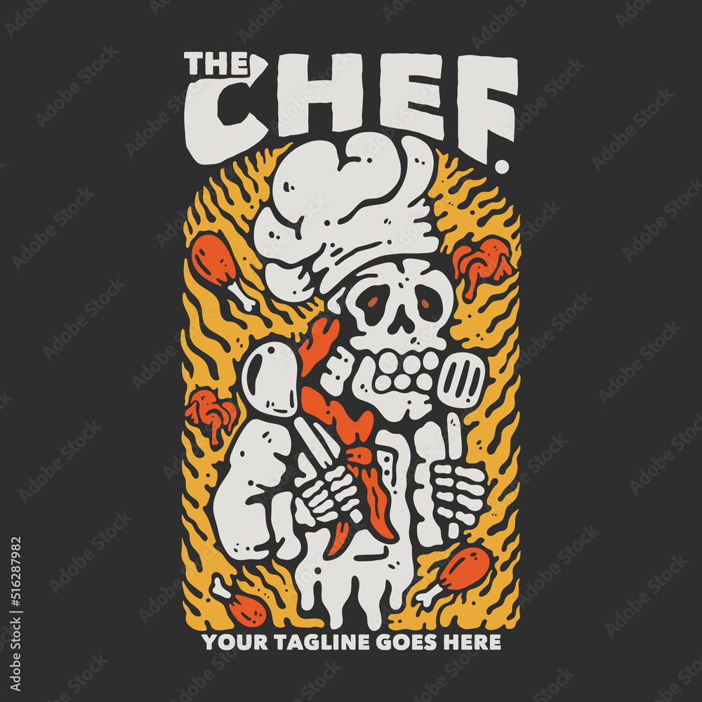 t shirt design chef with skeleton chef golding spatula with gray background vintage illustration