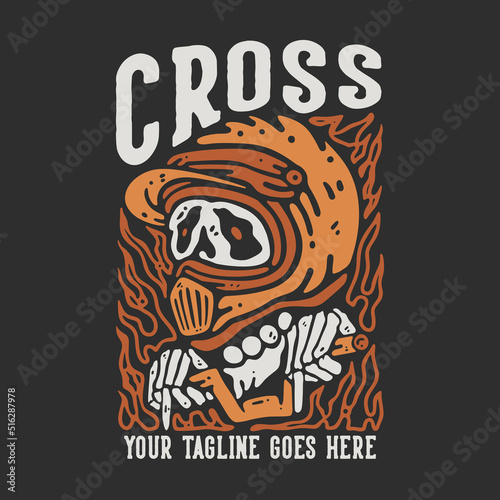 t shirt design cross with skeleton wearing motocross helmet with gray background vintage illustration