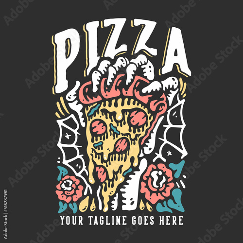 t shirt design pizza with skeleton hand grabbing a pizza with gray background vintage illustration