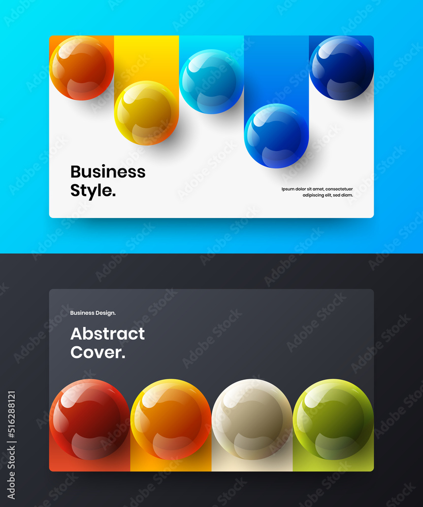Unique realistic spheres web banner concept bundle. Fresh pamphlet design vector template set.