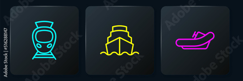 Set line Tram and railway, Rafting boat and Cruise ship. Black square button. Vector