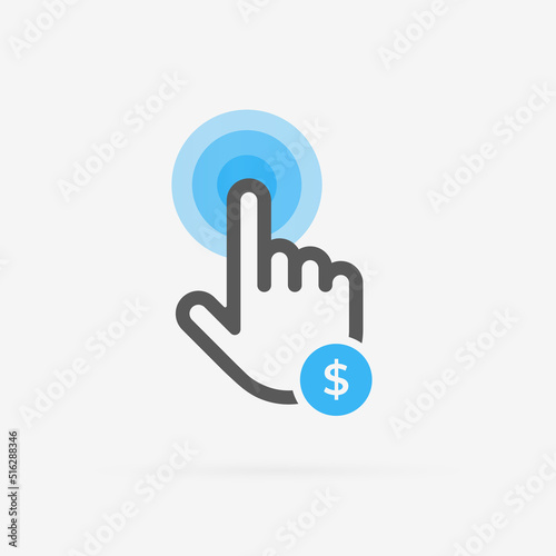 Pay per Click vector icon. PPC or CPL Cost per Lead digital marketing advertising strategy. Hand in the form of a cursor with an icon of money, clicks on advertising. Isolated on white background