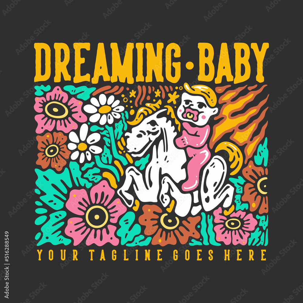 t shirt design dreaming baby with baby boy riding a horse with gray background vintage illustration