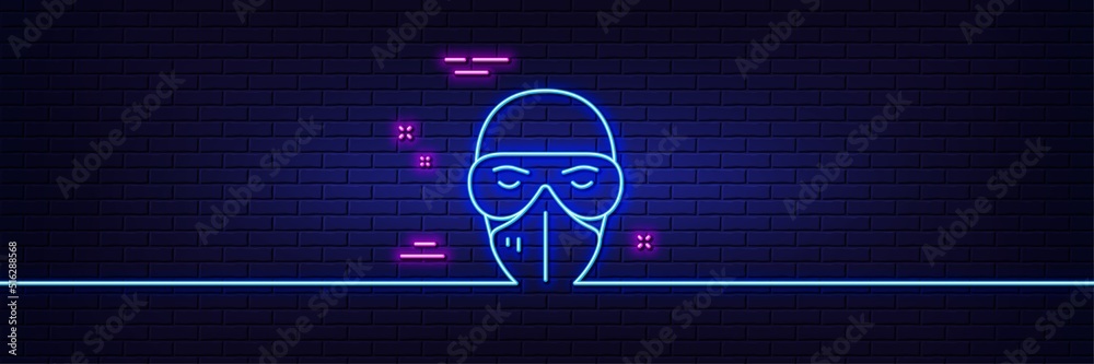 Neon light glow effect. Medical mask line icon. Safety breathing respiratory mask sign. Coronavirus face protection glasses symbol. 3d line neon glow icon. Brick wall banner. Vector Neon light glow effect. Medical mask line icon. Safety breathing respiratory mask sign. Coronavirus face protection glasses symbol. 3d line neon glow icon. Brick wall banner. Vector