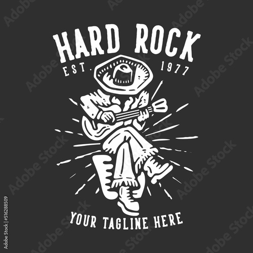 t shirt design hard rock est 1977 with man playing guitar with gray background vintage illustration