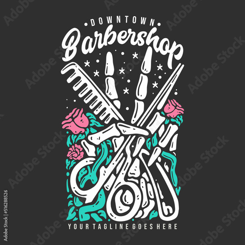 t shirt design downtown barbershop with skull hand holding a scissor and comb with gray background vintage illustration