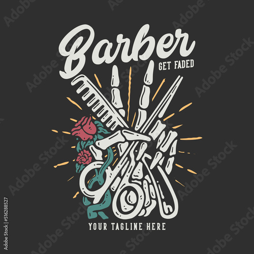 t shirt design barber get faded with skull hand holding a scissor and comb with gray background vintage illustration