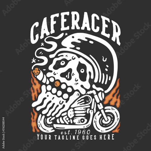 t shirt design cafe racer est 1960 with skull smoking on the motorbike with gray background vintage illustration