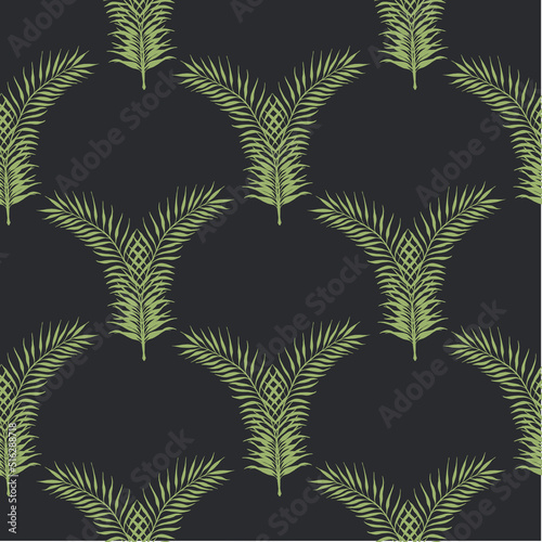 Seamless pattern with green palm tropical leaves curved in the form of arches on a dark background.