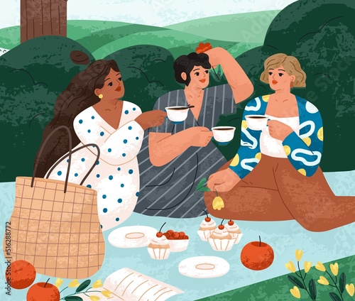 Women friends on summer picnic, sitting on blanket in park, drinking tea and talking. Girls relaxing in nature on summertime holidays. Outdoor hen party, leisure time. Flat vector illustration
