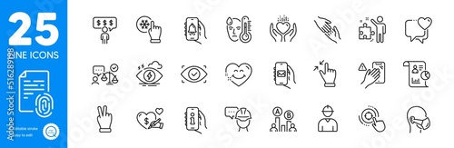 Outline icons set. Ab testing, Medical mask and Hold heart icons. Seo target, Fingerprint, Foreman web elements. Helping hand, Freezing click, Engineer signs. Touchscreen gesture. Vector