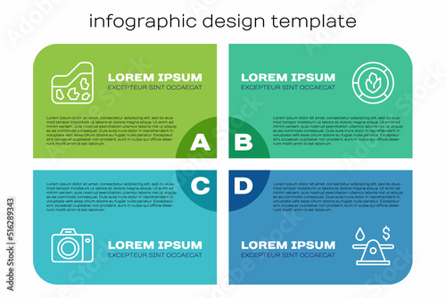 Set line Photo camera, Ground, Oil money and Soil analysis. Business infographic template. Vector