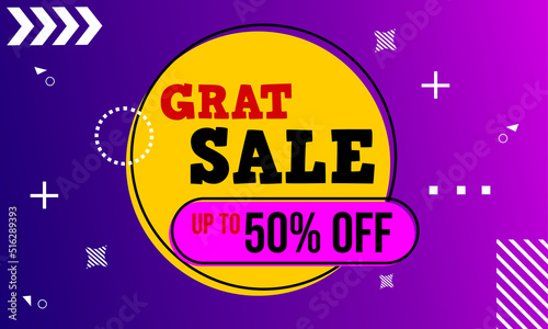 memphis style discount advertising banner vector design. purple abstract geometric background. 50 percent discount
