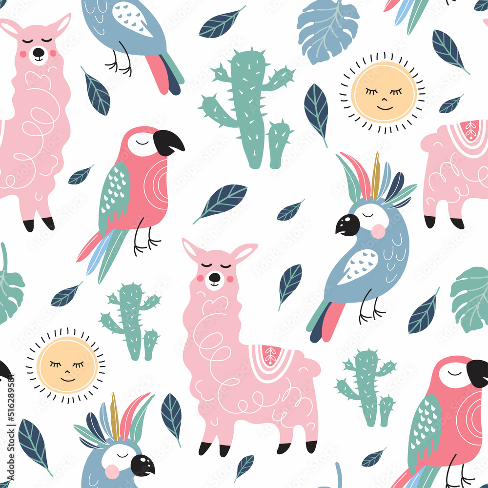 Seamless pattern with colorful parrots, alpacas and cacti. Cute baby style.
