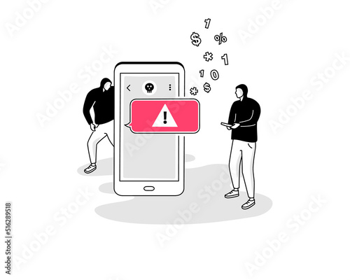 Illustration of sms threat symbol with two hackers and an incoming SMS message. Easy to use for your website or presentation.