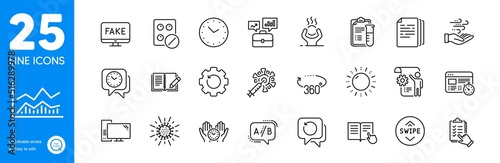 Outline icons set. Recovery data, Medical analyzes and Trade infochart icons. Swipe up, Coronavirus vaccine, Medical tablet web elements. Ab testing, Safe time, Clock signs. Vector
