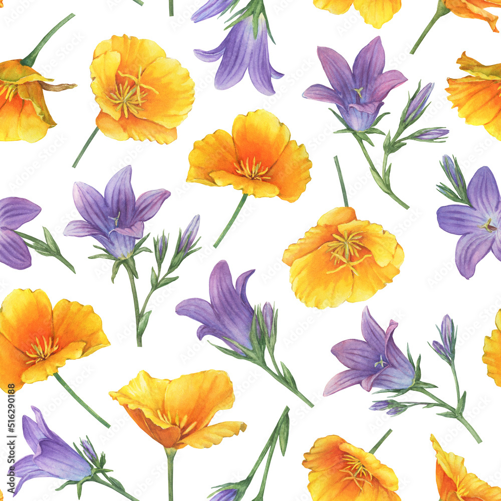 Seamless pattern with bluebell (rapunzel, bellflower, Campanula patula) and golden Eschscholzia (California poppy) flowers. Hand drawn watercolor painting illustration isolated on white background.