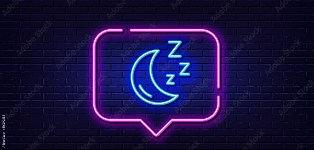 Neon light speech bubble. Moon line icon. Sleep zzz sign. Night lunar symbol. Neon light background. Moon glow line. Brick wall banner. Vector Neon light speech bubble. Moon line icon. Sleep zzz sign. Night lunar symbol. Neon light background. Moon glow line. Brick wall banner. Vector