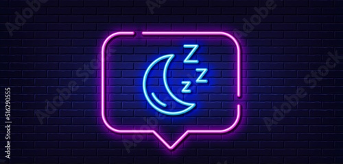 Neon light speech bubble. Moon line icon. Sleep zzz sign. Night lunar symbol. Neon light background. Moon glow line. Brick wall banner. Vector