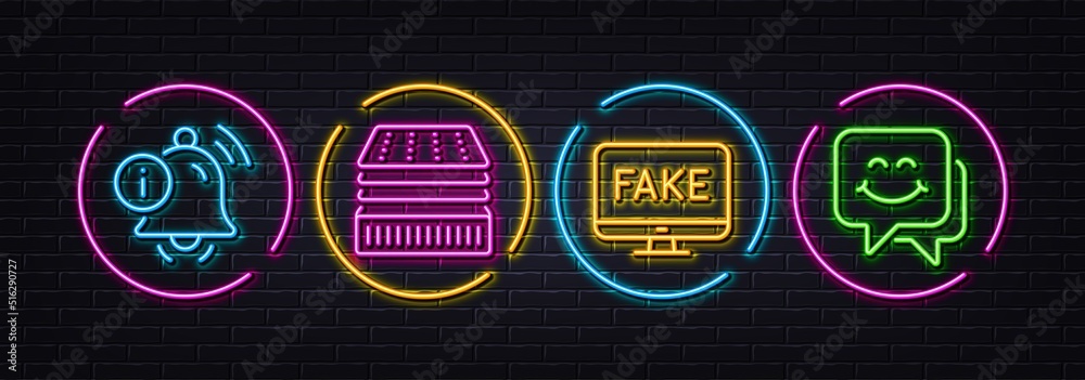 Obraz premium Deluxe mattress, Information bell and Fake news minimal line icons. Neon laser 3d lights. Smile face icons. For web, application, printing. Sleeping pad, Alarm info, Propaganda tv. Chat. Vector
