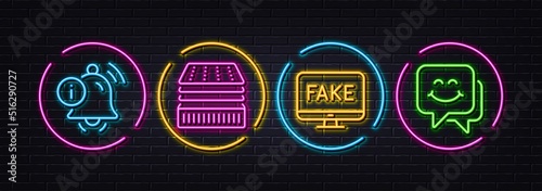 Deluxe mattress, Information bell and Fake news minimal line icons. Neon laser 3d lights. Smile face icons. For web, application, printing. Sleeping pad, Alarm info, Propaganda tv. Chat. Vector