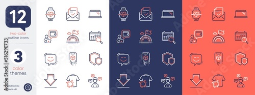 Set of Conversation messages, Augmented reality and Dirty t-shirt line icons. Include Shields, Lgbt, Approved mail icons. Downloading, Cardio training, Search calendar web elements. Vector