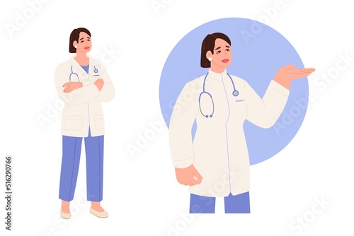 A doctor with a stethoscope explains the appointments. A full-length doctor character