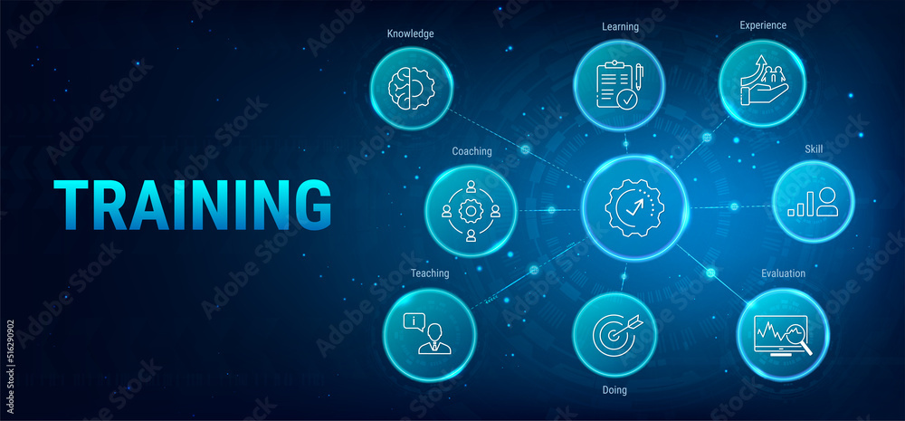 Training banner web icon vector illustration concept for education with icon. Education banner concept. keywords and vector icons. Knowledge, Work, Experience, Teaching, Coaching, Learning and Doing. Training banner web icon vector illustration concept for education with icon. Education banner concept. keywords and vector icons. Knowledge, Work, Experience, Teaching, Coaching, Learning and Doing.