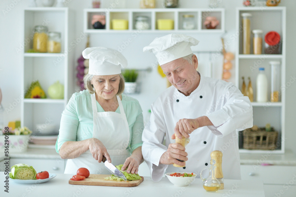 Portrait of couple of smiling senior chefs at kitchen Portrait of couple of smiling senior chefs at kitchen