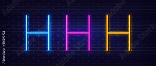 Initial letter H icon. Neon light line effect. Line typography character sign. Large first font letter. Glowing neon light element. Letter H glow 3d line. Brick wall banner. Vector