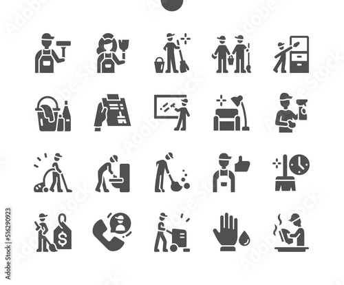 Cleaner master. Reviews about work. Clean room. Cleaning team. Call cleaner. Vector Solid Icons. Simple Pictogram