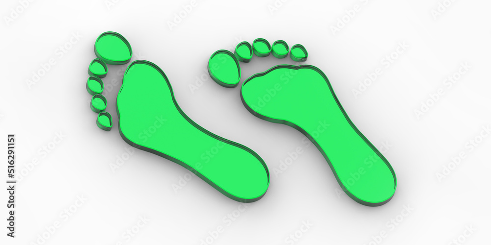 two green glass bare footprints. bare footprint close up. Horizontal image. 3D image. 3D rendering. two green glass bare footprints. bare footprint close up. Horizontal image. 3D image. 3D rendering.