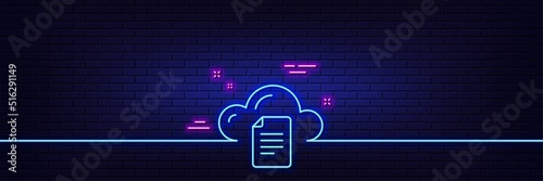 Neon light glow effect. File data storage line icon. Cloud computing sign. Document hosting technology symbol. 3d line neon glow icon. Brick wall banner. File storage outline. Vector
