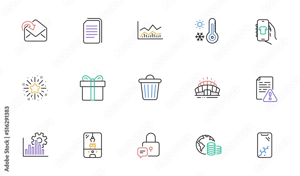 Gift box, Smartphone broken and Crane claw machine line icons for website, printing. Collection of Copy files, Trash bin, Budget icons. Trade infochart, Receive mail. Vector Gift box, Smartphone broken and Crane claw machine line icons for website, printing. Collection of Copy files, Trash bin, Budget icons. Trade infochart, Receive mail. Vector