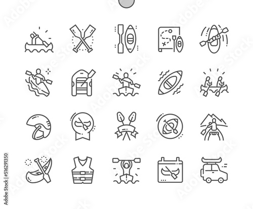 Canoeing. Active rest. Extreme water sports. Kayaking equipment, safety tools, boats and oars. Pixel Perfect Vector Thin Line Icons. Simple Minimal Pictogram