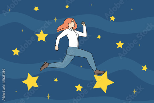 Motivated businesswoman running on stars strive for new career achievements. Happy confident woman employee jump to goal and target. Vector illustration. 