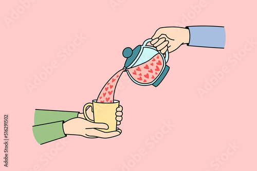 Pouring tea with hearts from teapot to cup. Concept of valentine day celebration and greeting. Love and relationships. Vector illustration. 