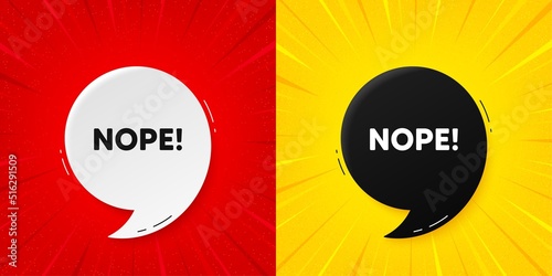 Nope tag. Flash offer banner with quote. Negative answer text. Vote refuse, decline or forbidden symbol. Starburst beam banner. Nope speech bubble. Vector