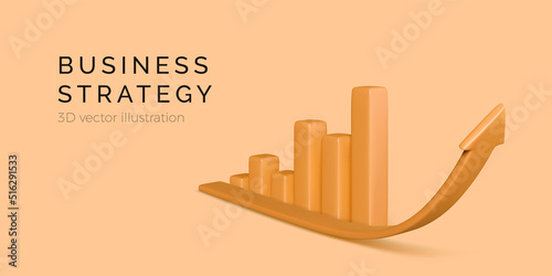 Profit growth chart in orange colors. Statistic and data analysis. Business strategy concept. Chart bar on arrow rising up business banner