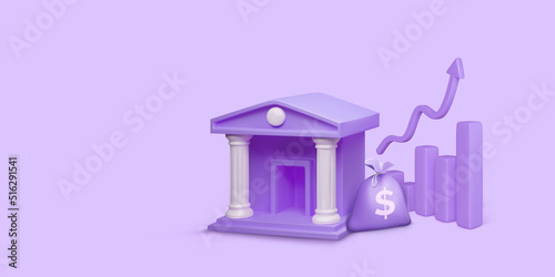 Bank building with money bag and chart with arrow growth arrow in purple color. Banking investment concept