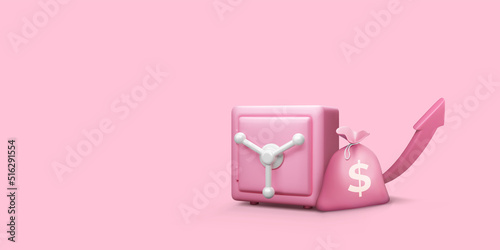 Pink 3D safe box with maney bag and rising arrow. Strongbox with lock door for business banner or poster