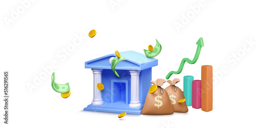 3D bank building with money bag and falling gold coin and paper green dollars. Chart with growth arrow on background