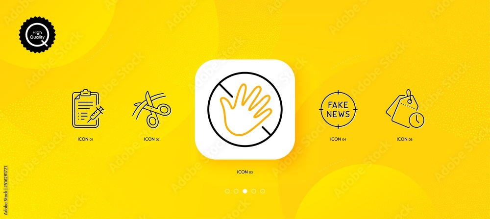 Vaccine report, Scissors and Fake news minimal line icons. Yellow abstract background. Time management, Do not touch icons. For web, application, printing. Vector - obrazy, fototapety, plakaty 
