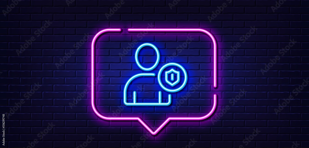 Neon light speech bubble. User Protection line icon. Profile Avatar with shield sign. Person silhouette symbol. Neon light background. Security glow line. Brick wall banner. Vector