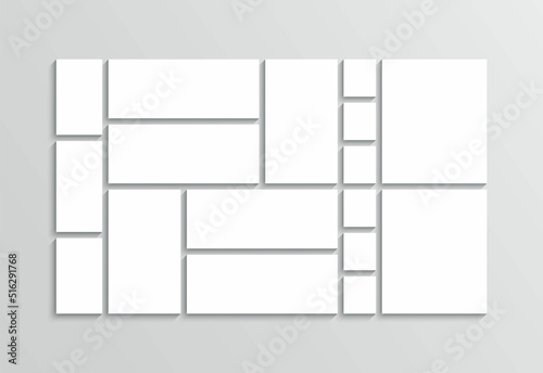 Collage layout. Photo moodboard grid. Mosaic pictures template. Frames Images. Album banner. Gallery brandboard. Vintage portfolio background. Minimalist presentation. Vector illustration