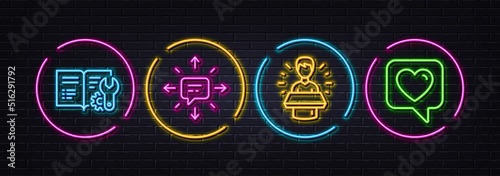 Brand ambassador, Engineering documentation and Sms minimal line icons. Neon laser 3d lights. Heart icons. For web, application, printing. Man speak, Manual, Conversation. Like rating. Vector