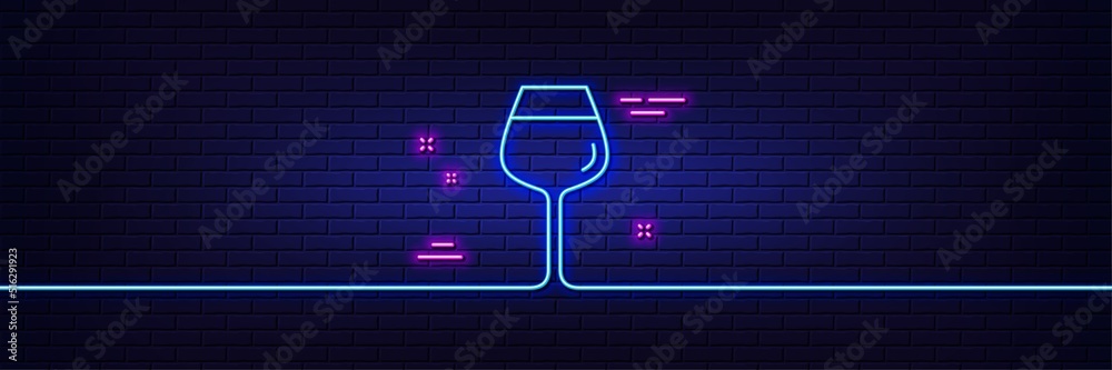 Neon light glow effect. Wine glass line icon. Bordeaux glass sign. 3d line neon glow icon. Brick wall banner. Bordeaux glass outline. Vector Neon light glow effect. Wine glass line icon. Bordeaux glass sign. 3d line neon glow icon. Brick wall banner. Bordeaux glass outline. Vector