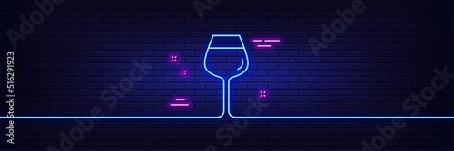 Neon light glow effect. Wine glass line icon. Bordeaux glass sign. 3d line neon glow icon. Brick wall banner. Bordeaux glass outline. Vector