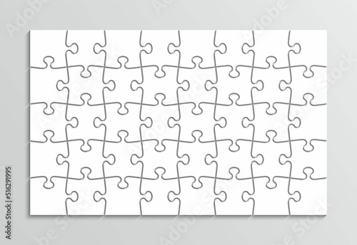 Puzzle pieces cutting template. Jigsaw outline grid. 40 pieces. Modern puzzle background. Thinking game with separate shapes. Simple mosaic layout. Laser cut frame. Vector illustration.