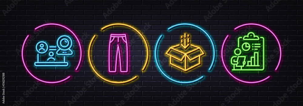 Get box, Pants and Video conference minimal line icons. Neon laser 3d lights. Report icons. For web, application, printing. Send package, Man trousers, Remote training. Survey clipboard. Vector